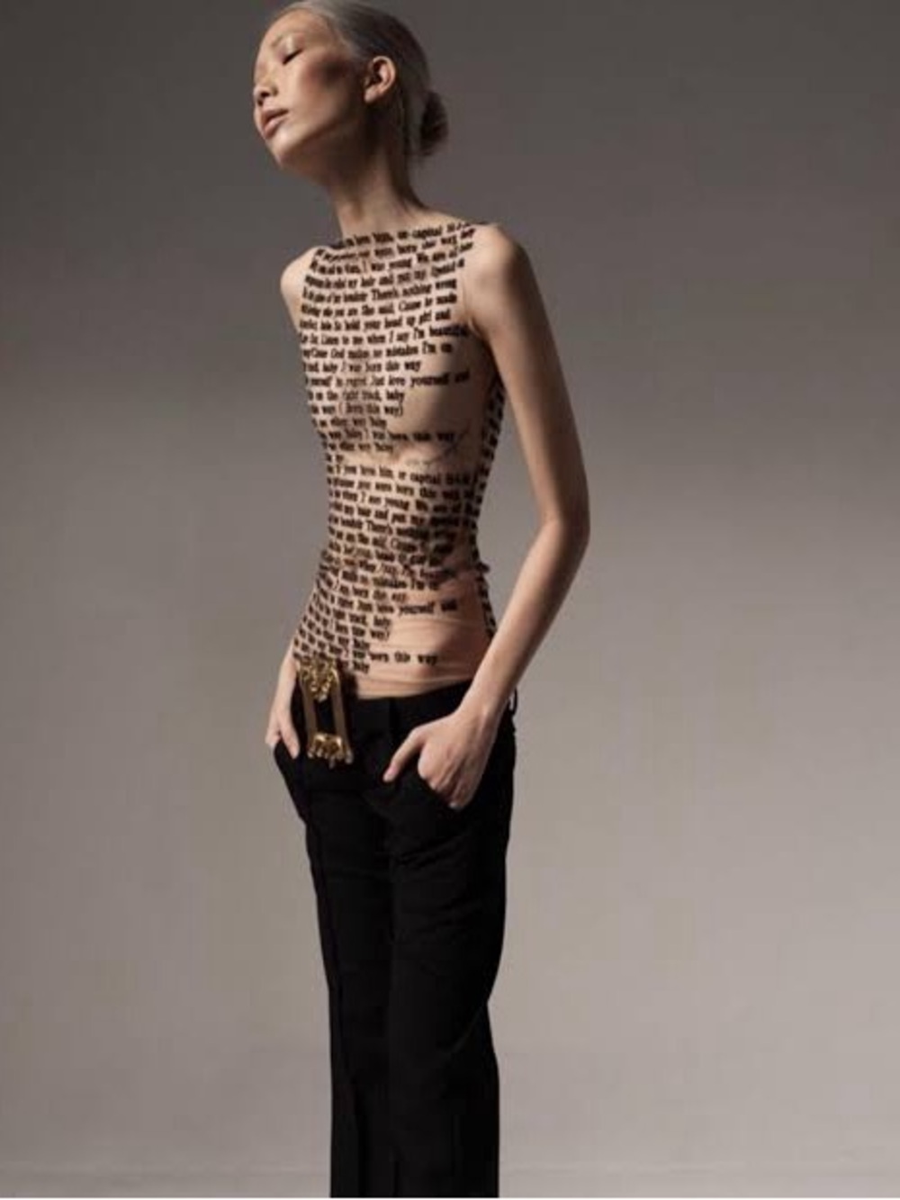 Datt Official . Sheer Script Print Tank Top in Deep Nude and Black